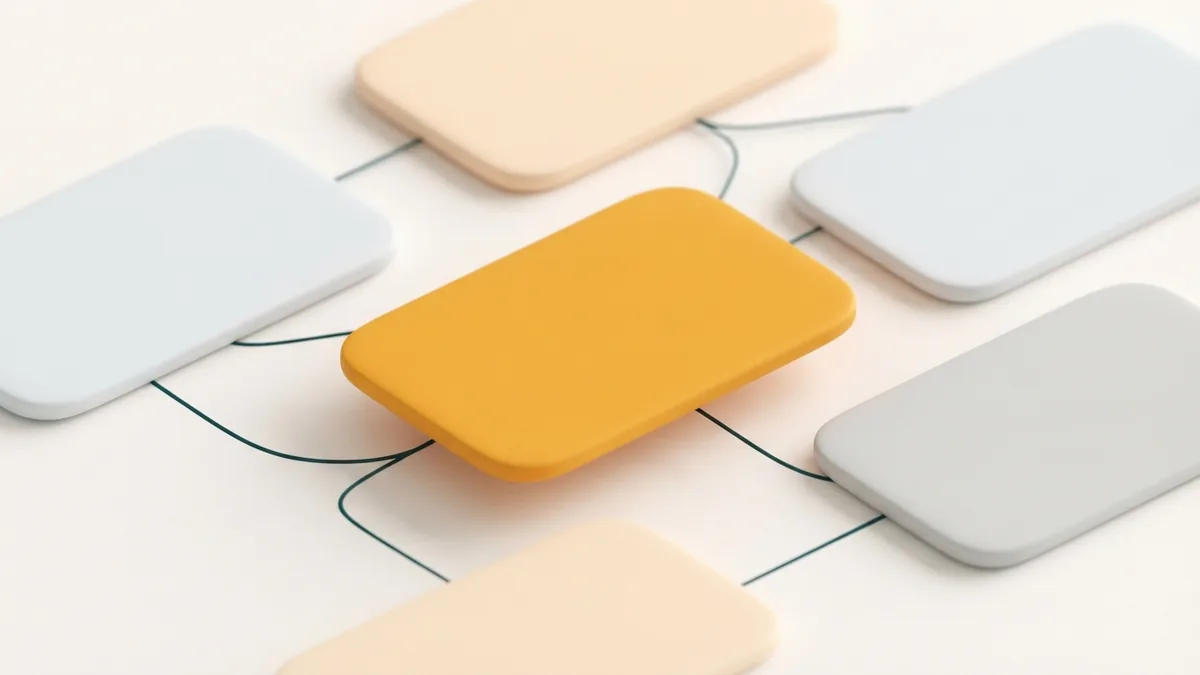 Multiple bio links arrangement Five rounded cards connected by lines with one marigold card in front