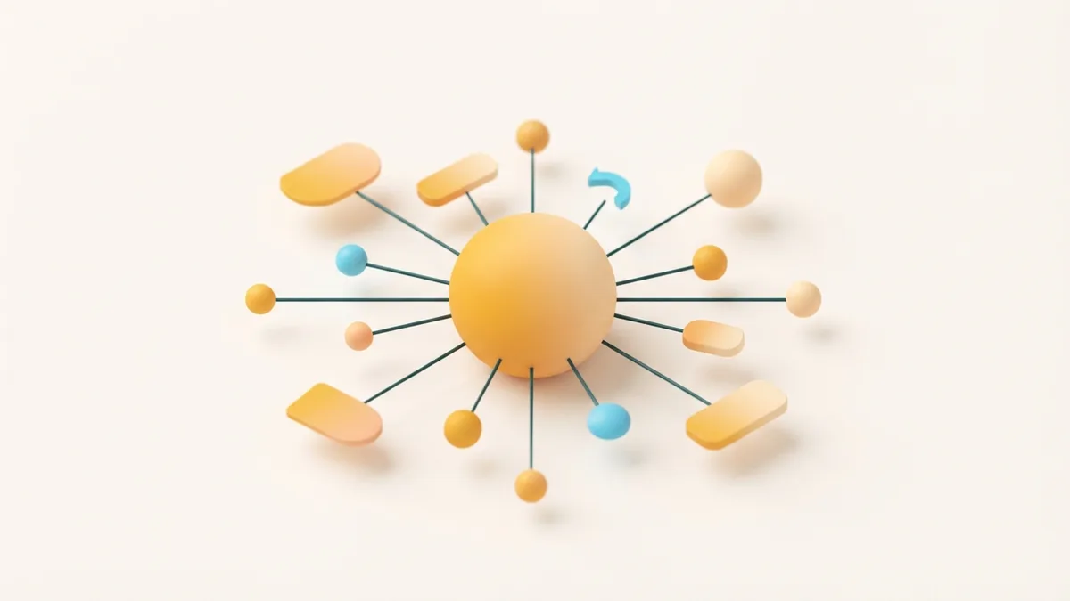 Map pages by topic Hub and spoke layout showing connected website topic groups with rounded abstract forms