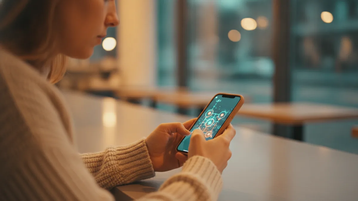 Person checking a phone at a coffee shop, ready to polish an Instagram bio