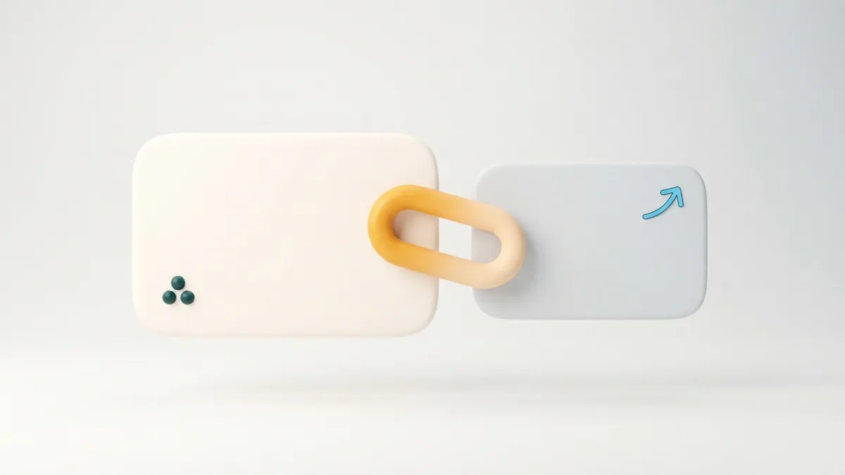 Two simple blank cards joined by a link shape to show a profile connection
