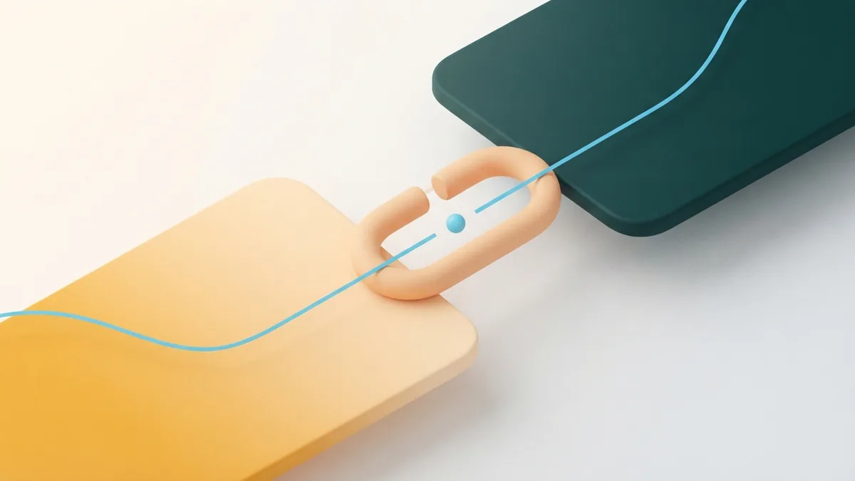 Offset rounded cards and a link shape representing a profile link that needs troubleshooting