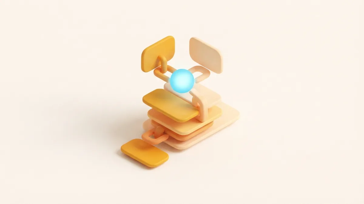Abstract tidy link path with layered cards and a bright central node