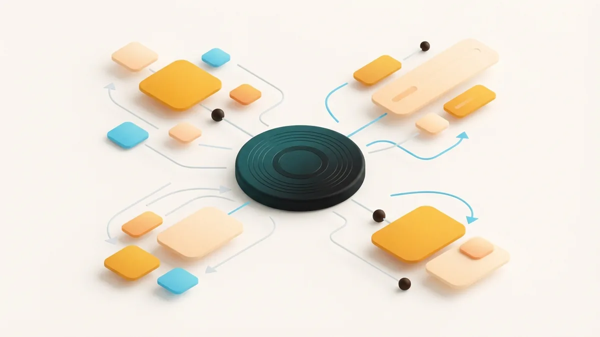 Layered rounded cards and audio shapes show a personal profile link path
