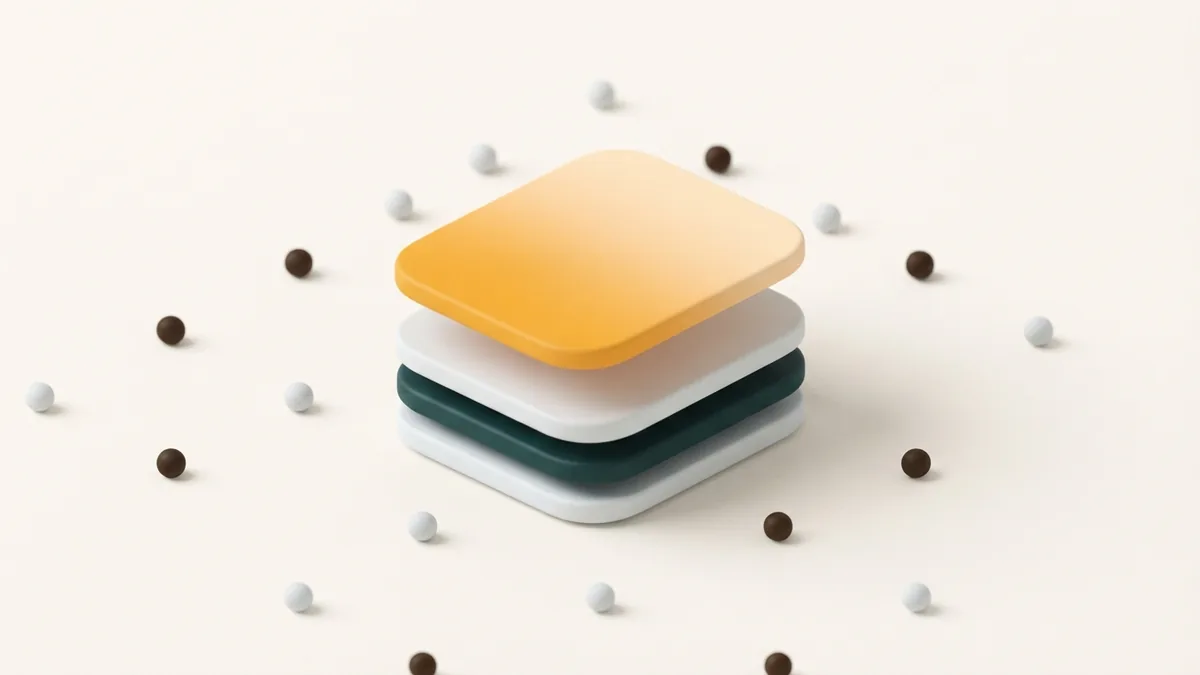 Balanced abstract profile layout with layered rounded cards and warm pastel accents