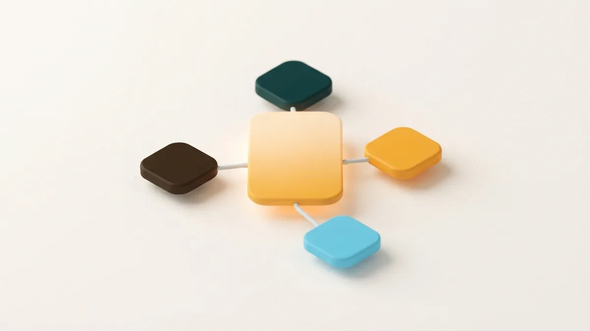 Rounded profile card connected to simple chips for role, offer, audience, and next step