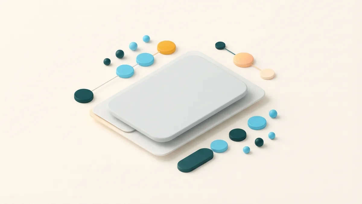 Simple dots and rounded chips arranged as visual separators beside a clean card