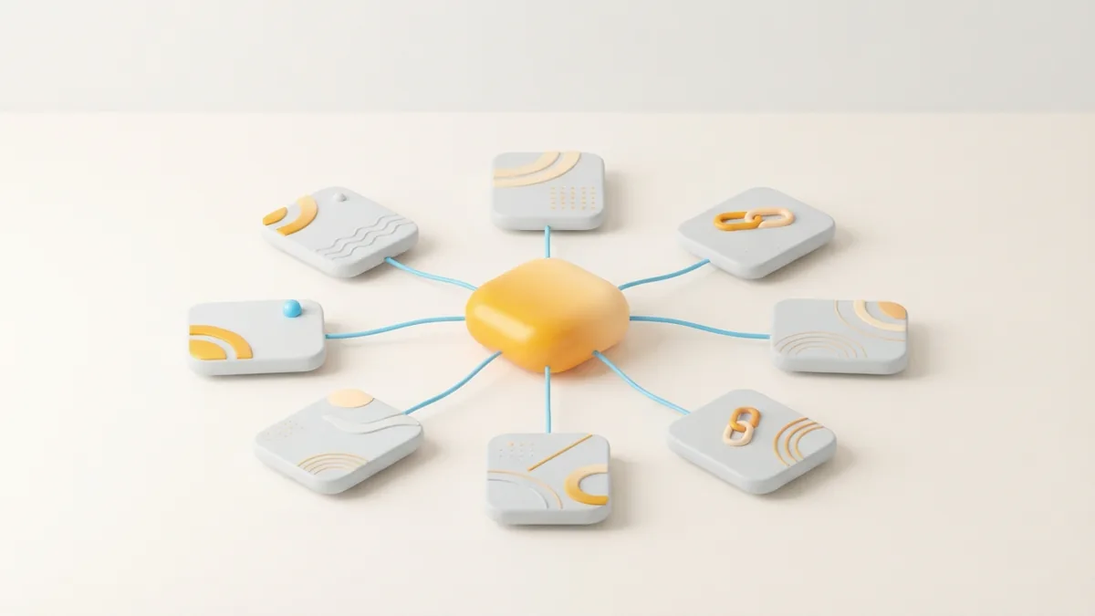 Abstract central link node connecting a few focused destination cards
