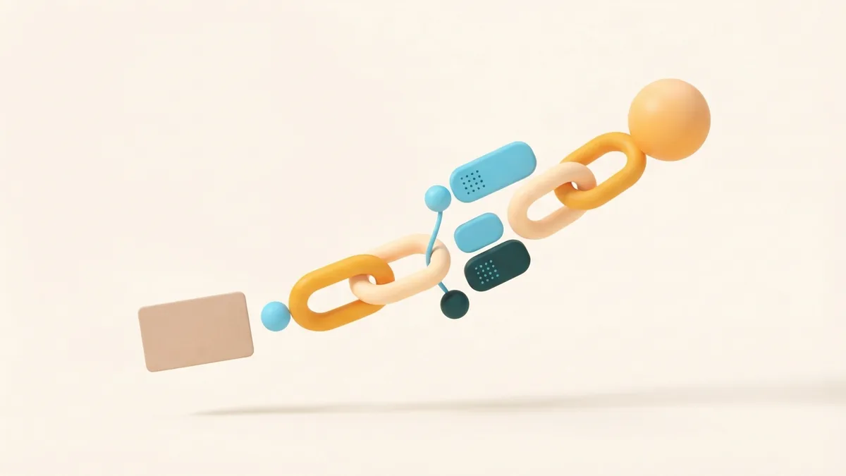 Floating chain shapes show a clear path from a profile card to linked destinations