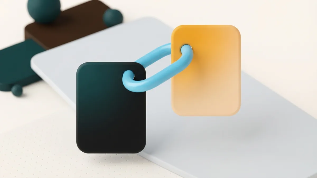 Abstract linked profile cards showing a simple account connection in a clean warm design