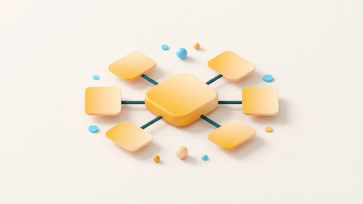 Focused bio link layout concept Rounded cards connect to one central link node in a clean clay scene