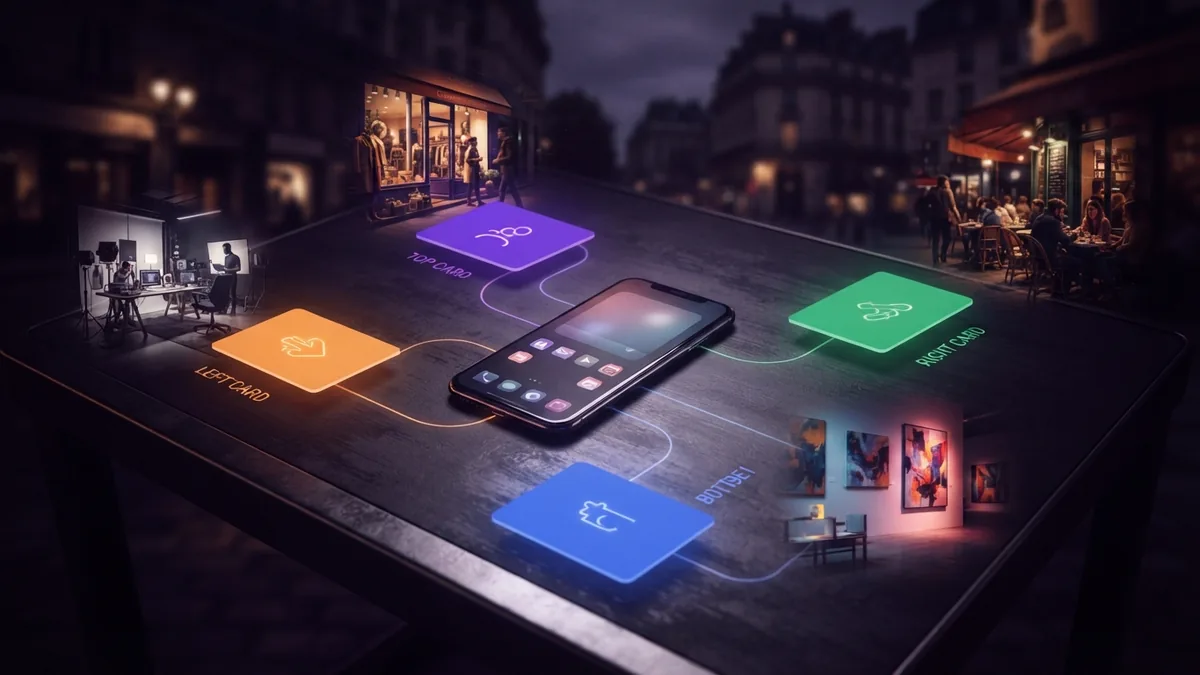 Organizing several profile destinations Multiple colorful destination cards arranged around one central landing page on a mobile device