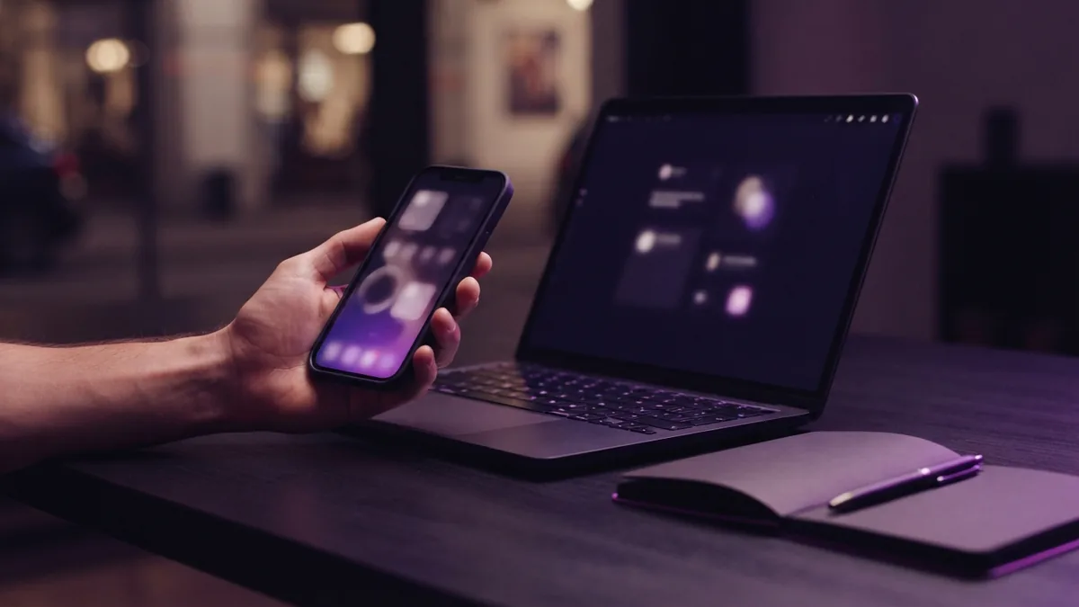 Hand holding a smartphone beside a laptop during profile link setup