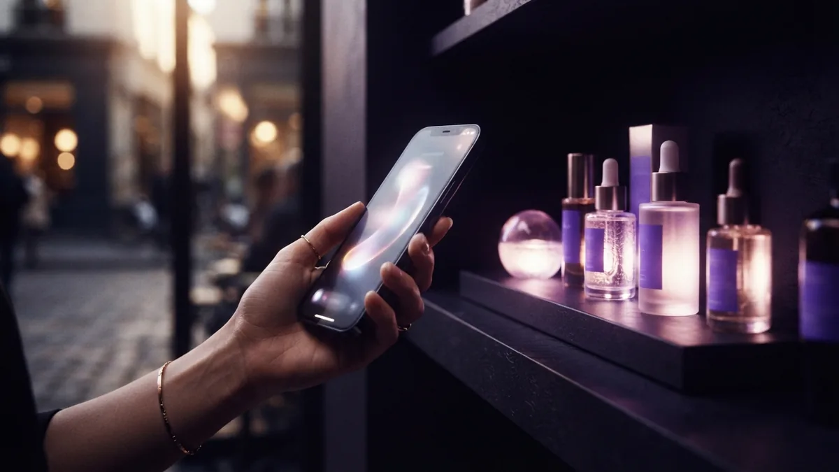 Adding a shop link Hand holding a smartphone near a bright product display for social shopping