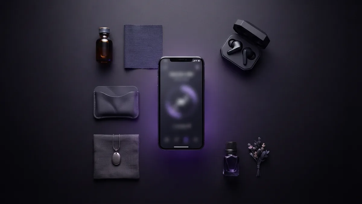 Several retail products arranged around a smartphone for link management