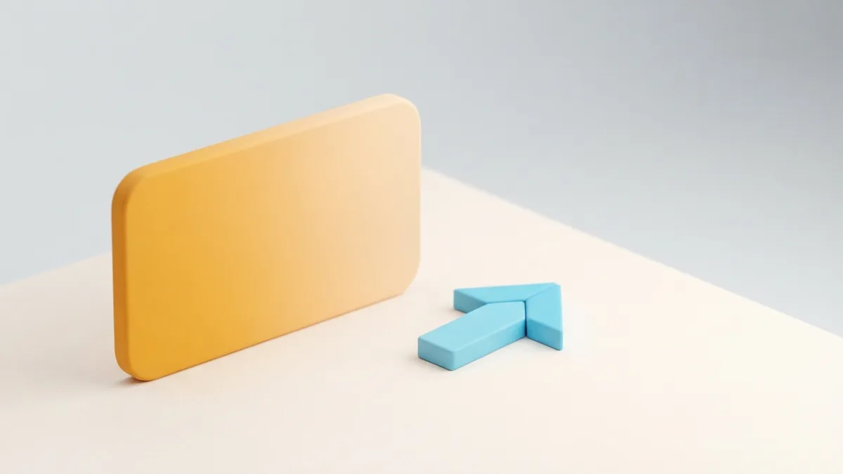 A bright rounded card and rising geometric arrow that suggest a clear next step