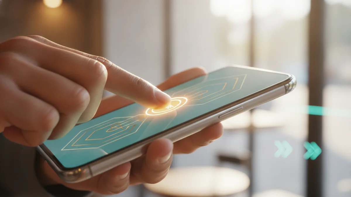 Hand tapping a smartphone to save a profile change for the bio link.
