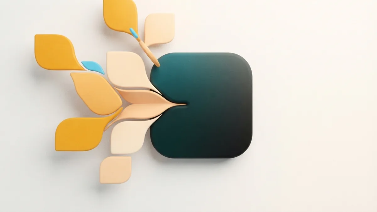 Small rounded link tiles flowing into one central panel with warm clay accents