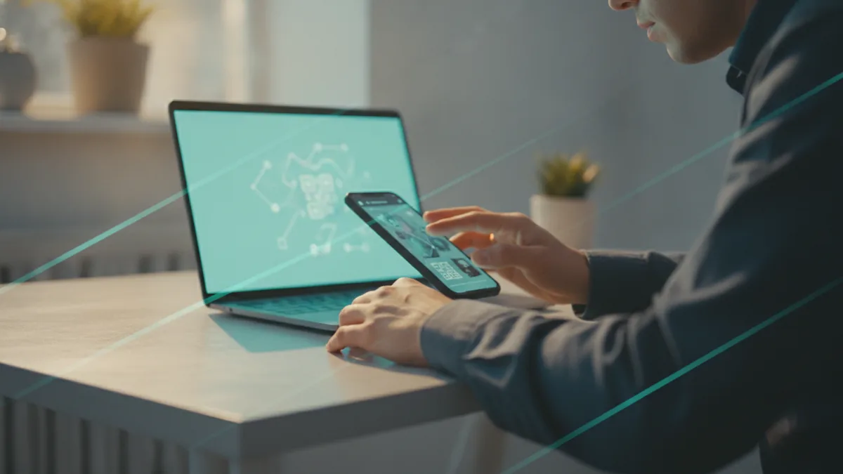 Add category in edit profile Person reviewing profile settings on a smartphone with a laptop nearby.