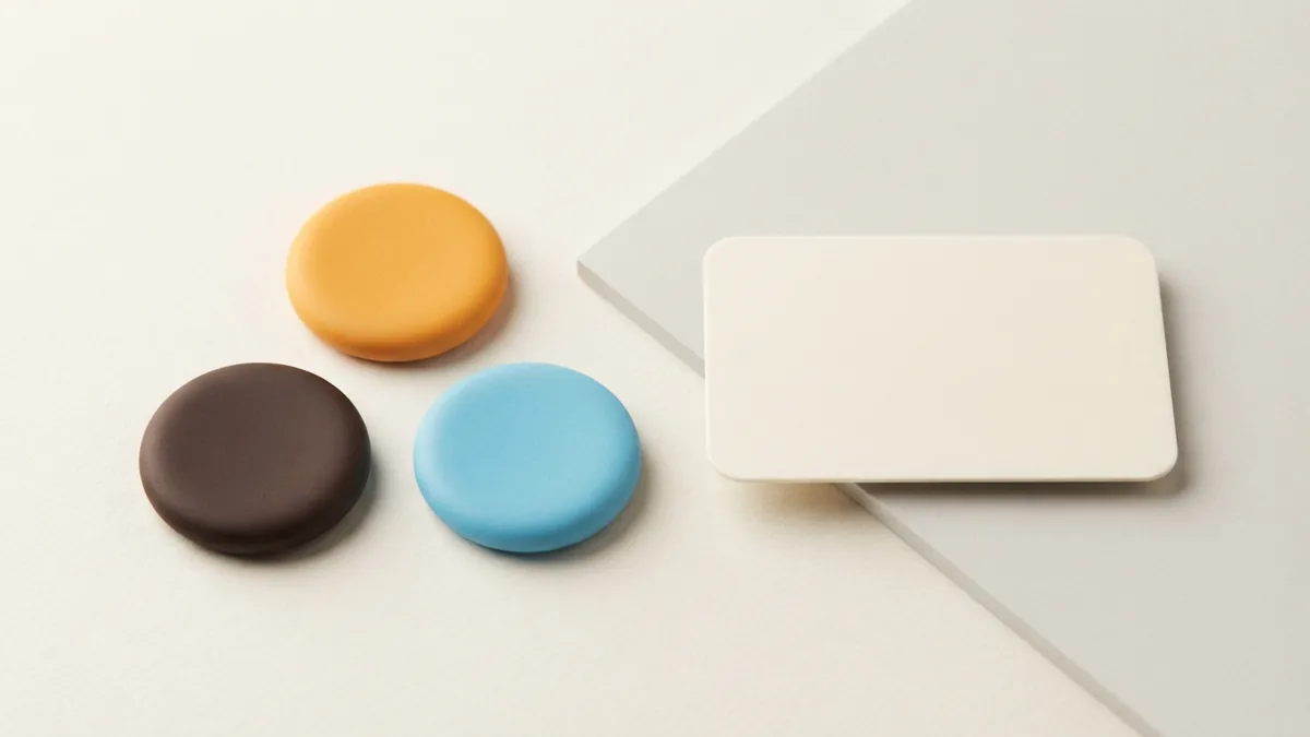 Three balanced clay chips beside a profile card on layered planes