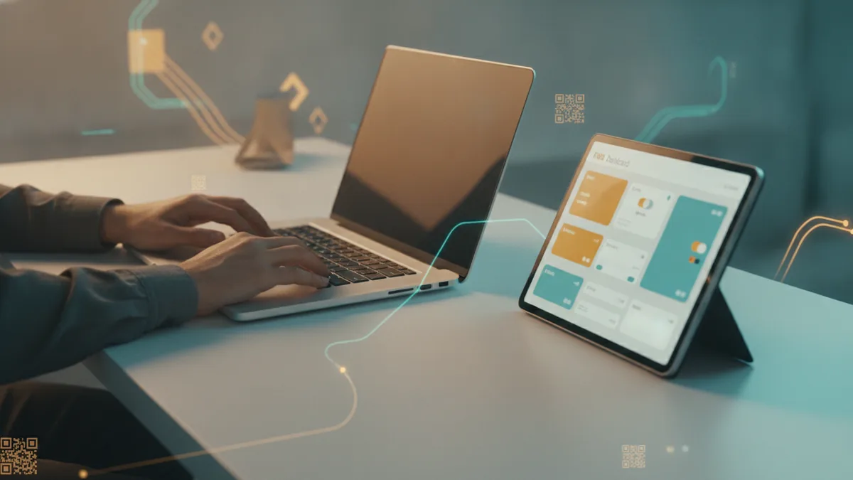 Creator building a link hub layout on devices in a calm workspace