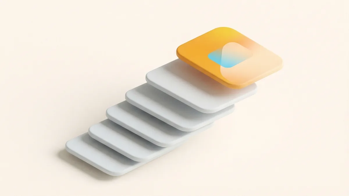 Layered rounded planes leading to a highlighted card for finding a business page bio
