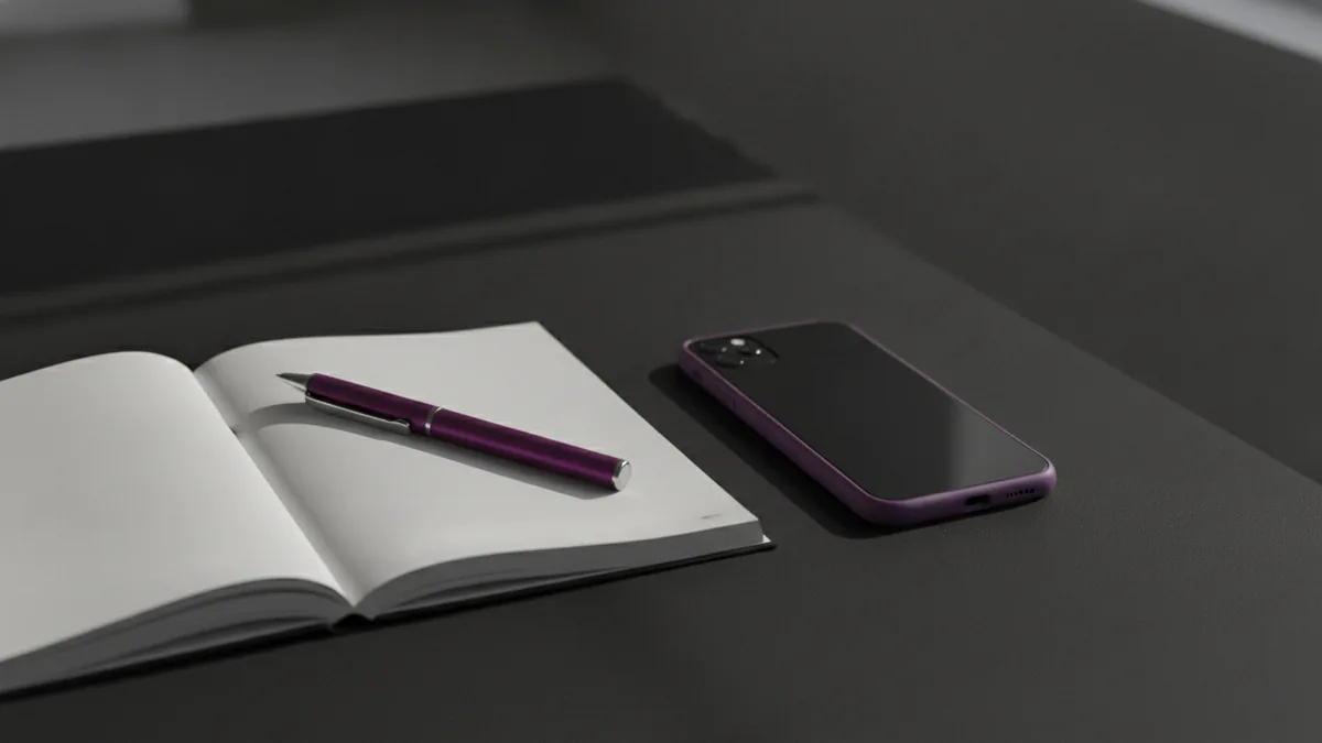 Planning a short Instagram bio with a phone and notebook on a desk