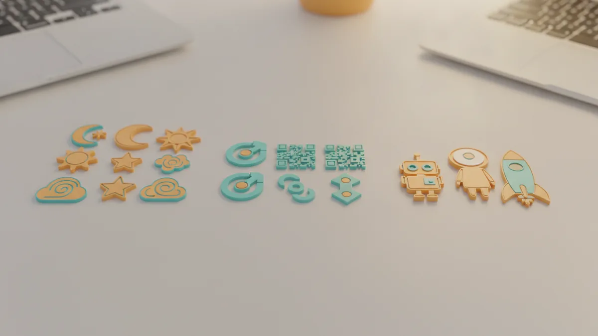 Symbol set inspiration Grouped decorative symbols arranged by theme on a desk