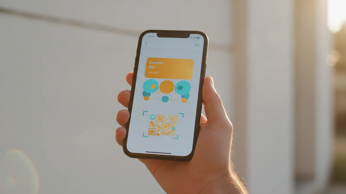 Hand holding a phone while viewing an Instagram profile bio concept