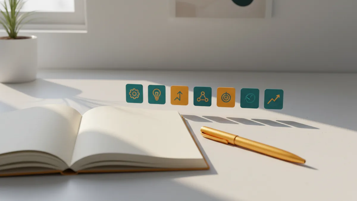 Plan clarity before posting Notebook and icons on a desk to plan a clear Instagram profession bio