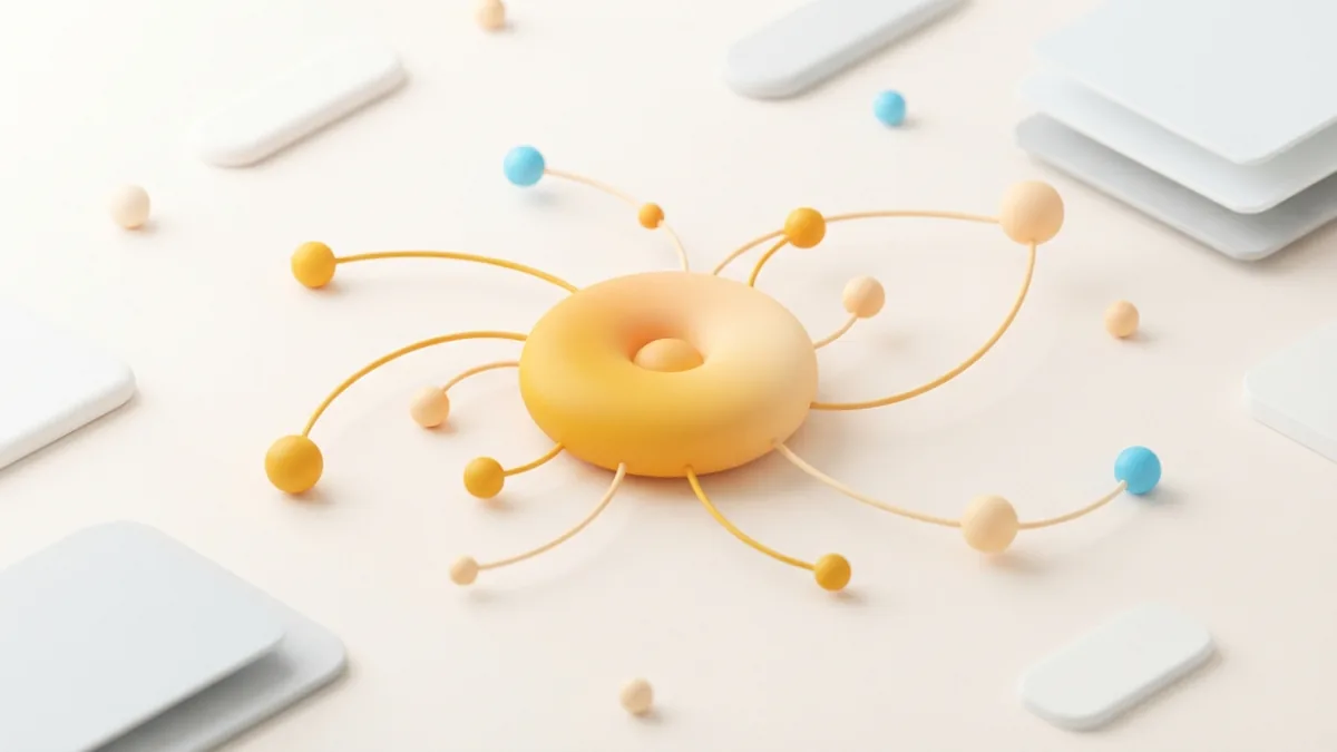 A central music disc shape connected to small discovery nodes in a calm abstract scene