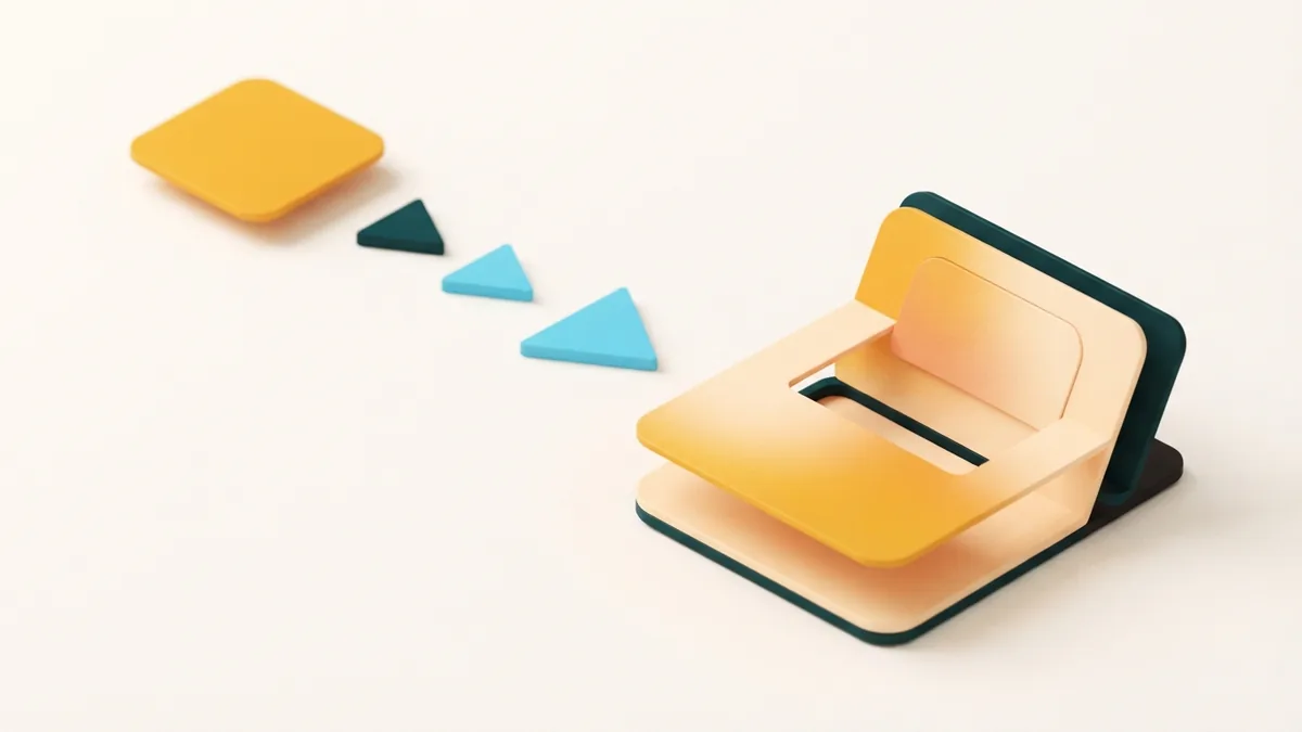 A small rounded card moving toward a larger card along a simple arrow
