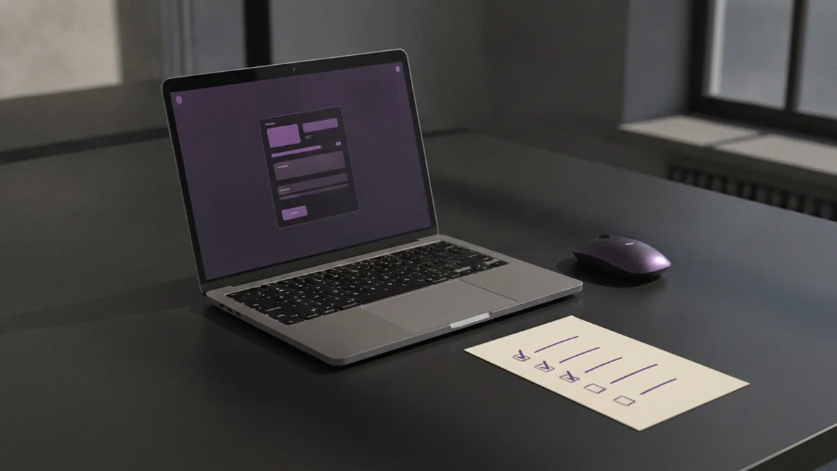 Laptop and checklist for editing a Facebook bio on desktop