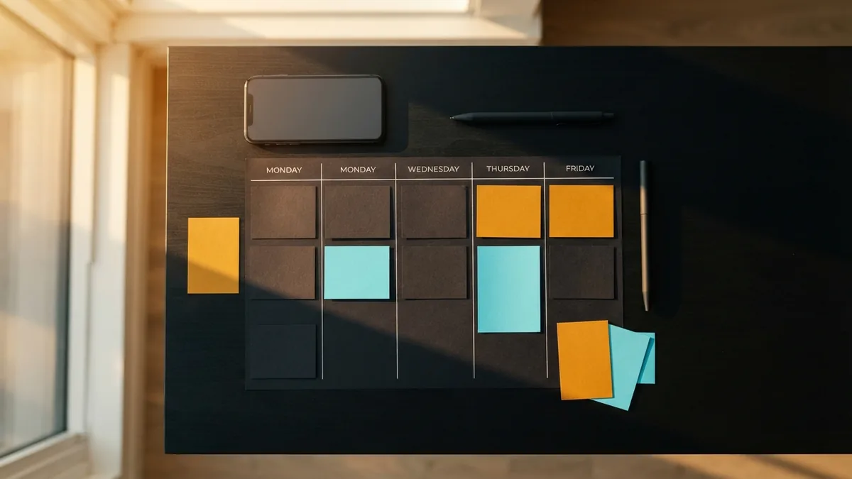 Build the key parts of your bio Desk setup with smartphone and planning tools for building a focused Instagram bio