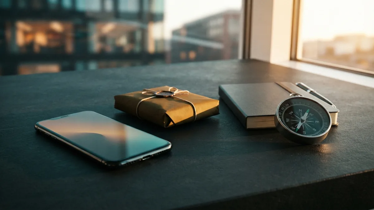 Giving profile visitors a clear next step Smartphone beside a package and compass showing clear direction for profile visitors