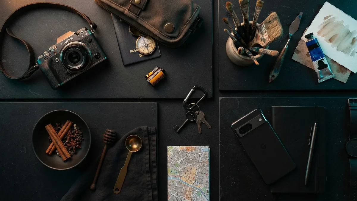 Ideas for different Instagram profile styles Creative workspace with travel, food, art, and camera tools for profile inspiration