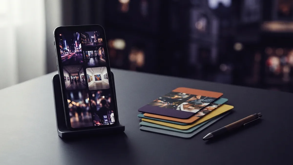 Smartphone beside colorful cards showing a profile update workspace