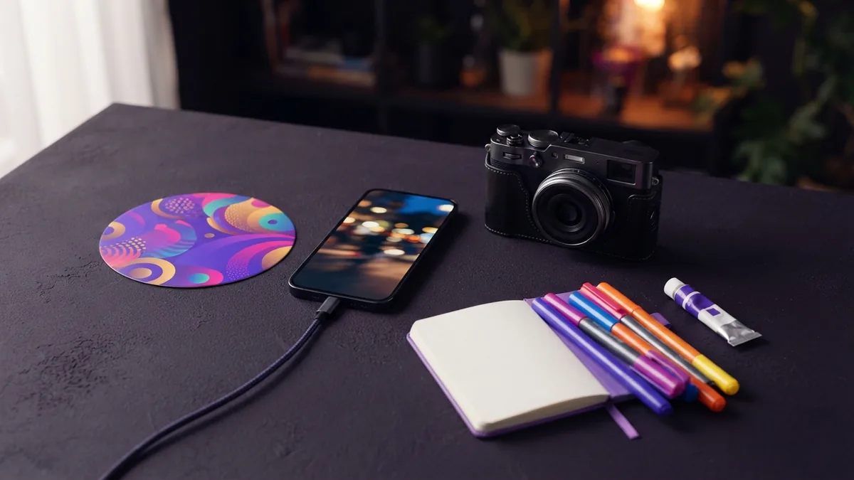 Colorful avatar card with creative items beside a smartphone on a desk