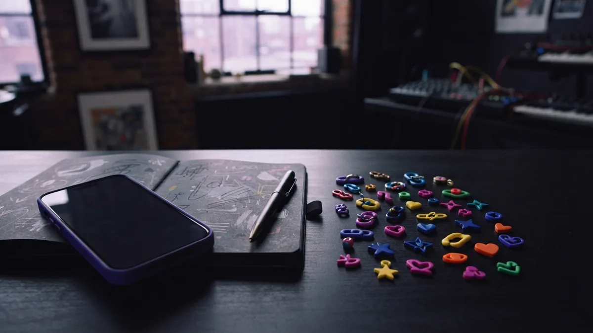 Adding links and emojis to a bio Smartphone with colorful symbols and a link plan beside a notebook and pen