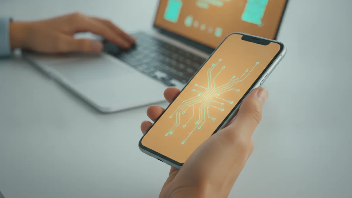 Hand updating a bio on a phone while streaming gear stays nearby