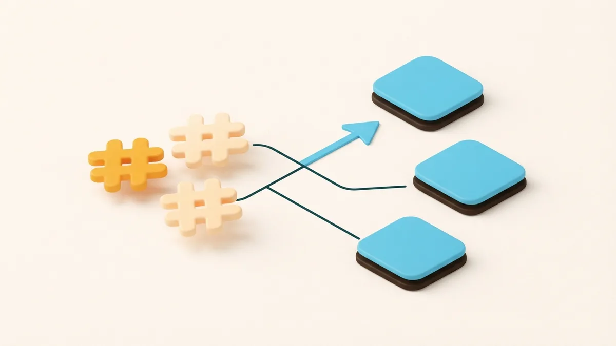 Rounded topic chips connect to profile shapes in an abstract hashtag search concept