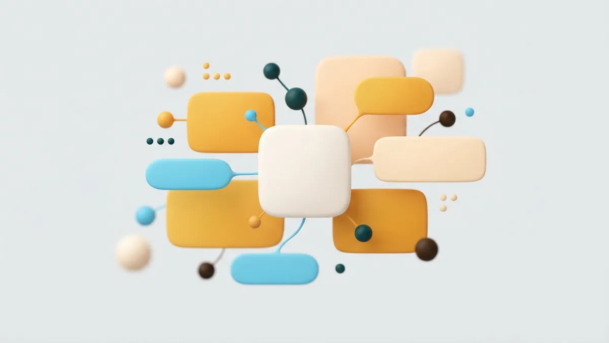 Linked topic chips around a central profile card show how related terms aid discovery
