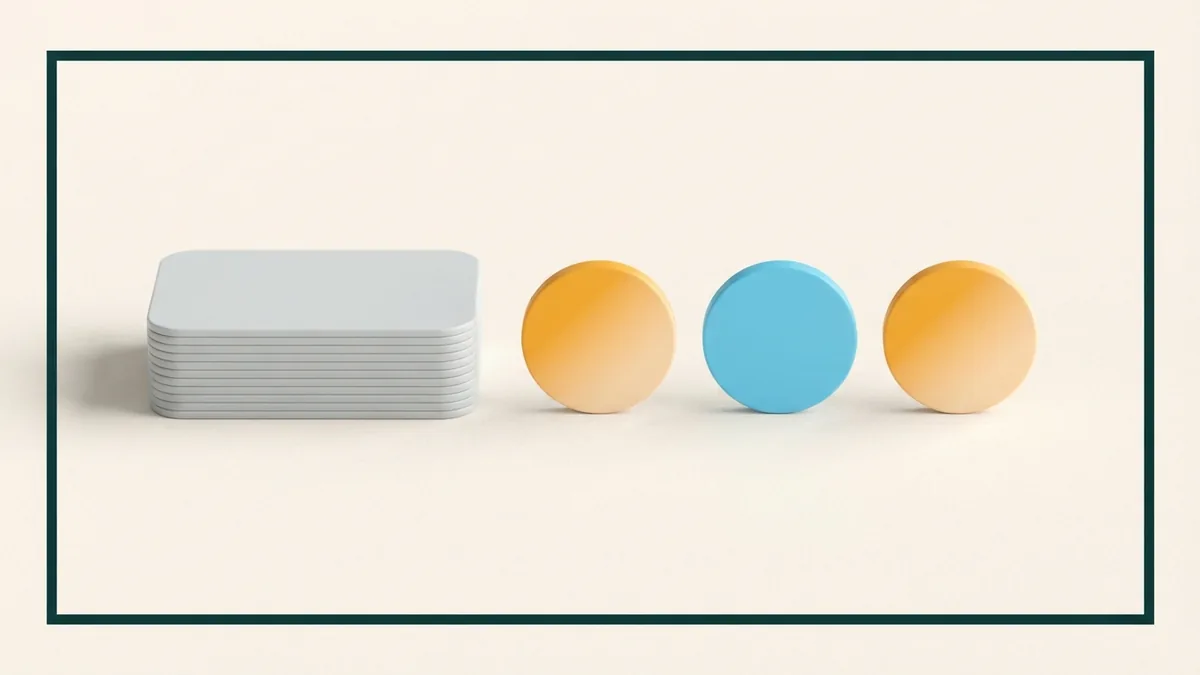 Concise profile layout concept Rounded cards and measured geometric chips representing a concise profile layout