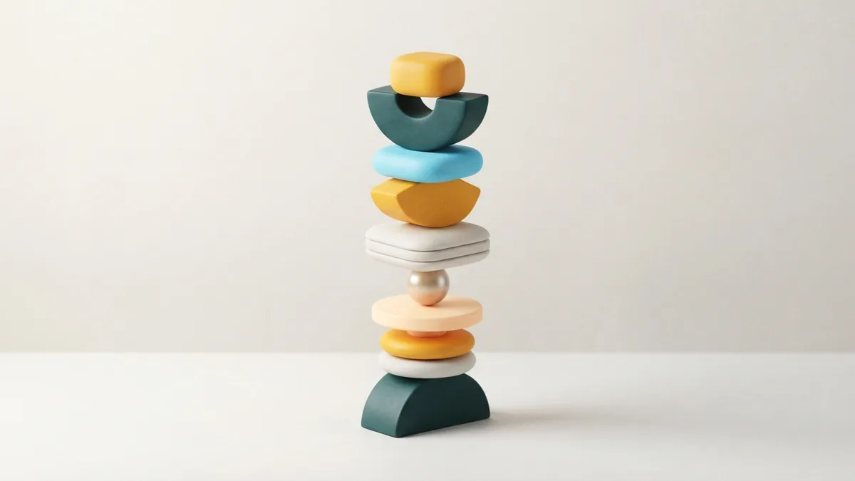 Rounded abstract chips and symbols arranged in a clean vertical stack with warm and cyan accents