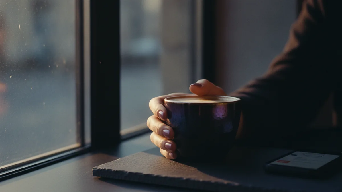 Warm coffee moment that captures the vibe of humor and personality.