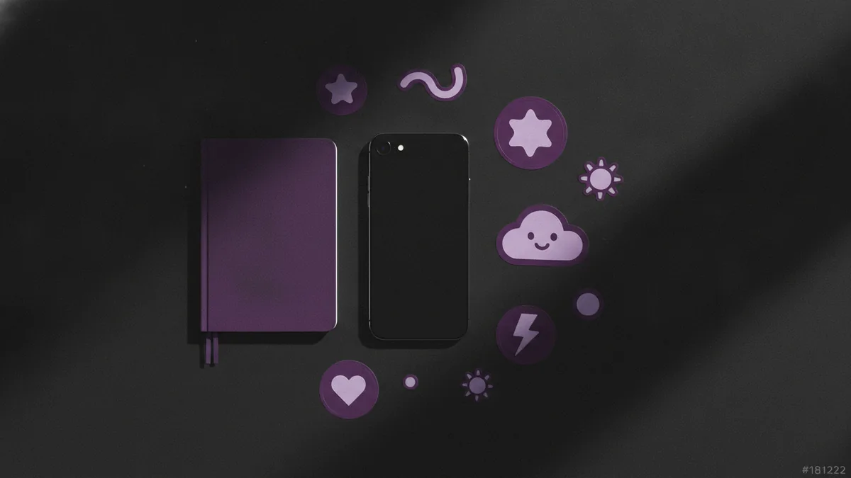 Playful flat-lay with small icons and notes for writing a funny Instagram bio.