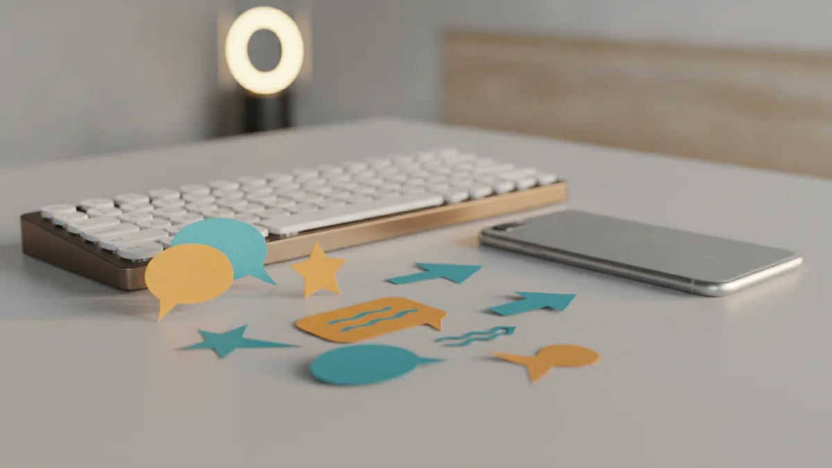 Use emojis for scanability and keywords for reach Abstract colorful icons near a phone to represent emoji-style accents