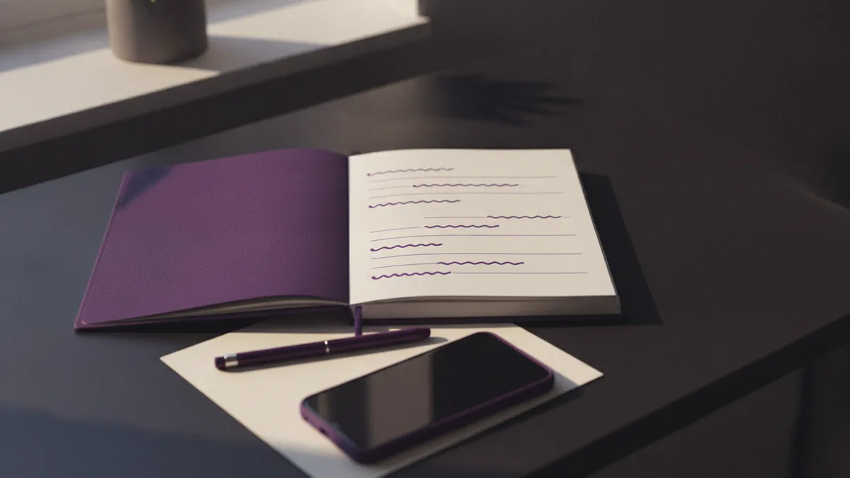 Notebook and phone on a desk to illustrate Instagram bio spacing concepts.