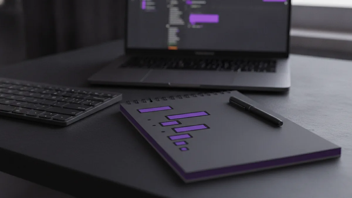 Laptop and notepad showing indented blocks concept for Instagram bio text.