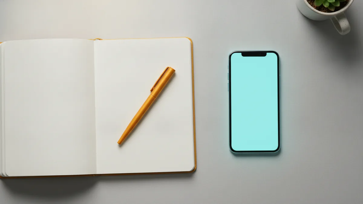 Notebook and phone setup for planning Instagram bio spacing before editing.