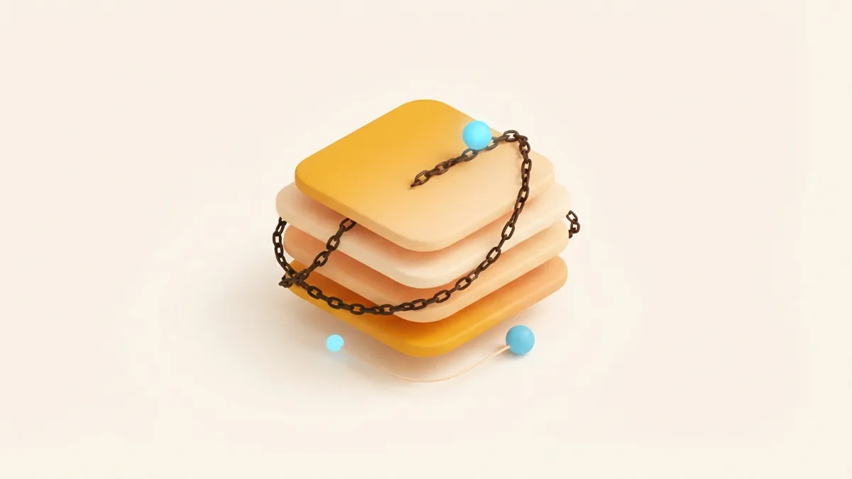 Layered rounded planes show how a link in bio tool gathers several destinations